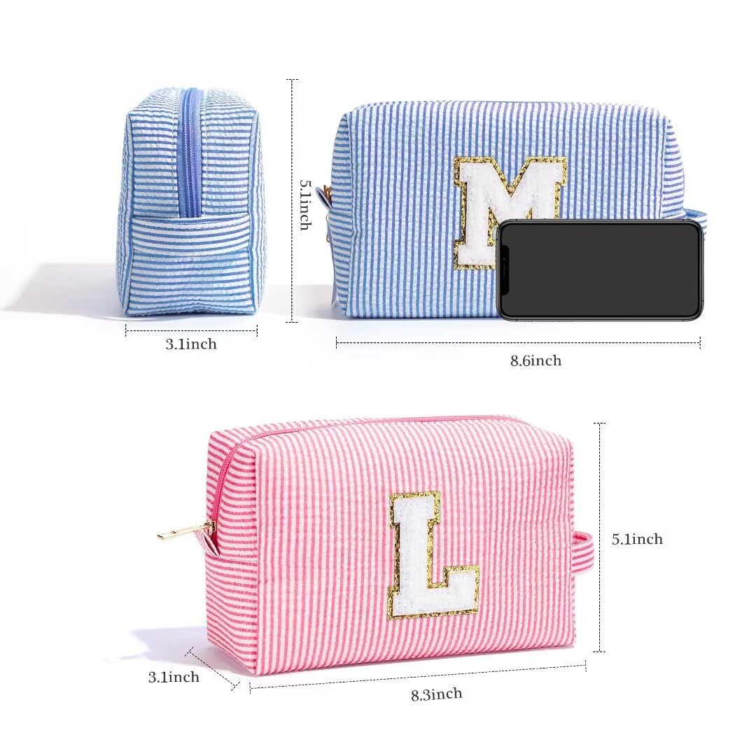 YOOLIFE Makeup Bag - Travel Makeup Bag Cosmetic Bag, Monogram Initial Makeup Bags, Cosmetic Bag, Make Up Bag, Cute Makeup Travel Toiletry Pouch Makeup Case, Personalized Blue and Pink Makeup Bag R