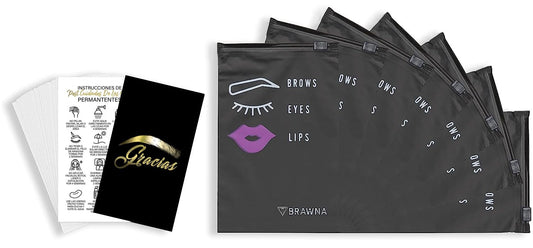 BRAWNA 50 pck Spanish Microblading Aftercare Thank You Cards with 50 Pck Black PMU Aftercare Bags - Microblading Supplies Kit Set