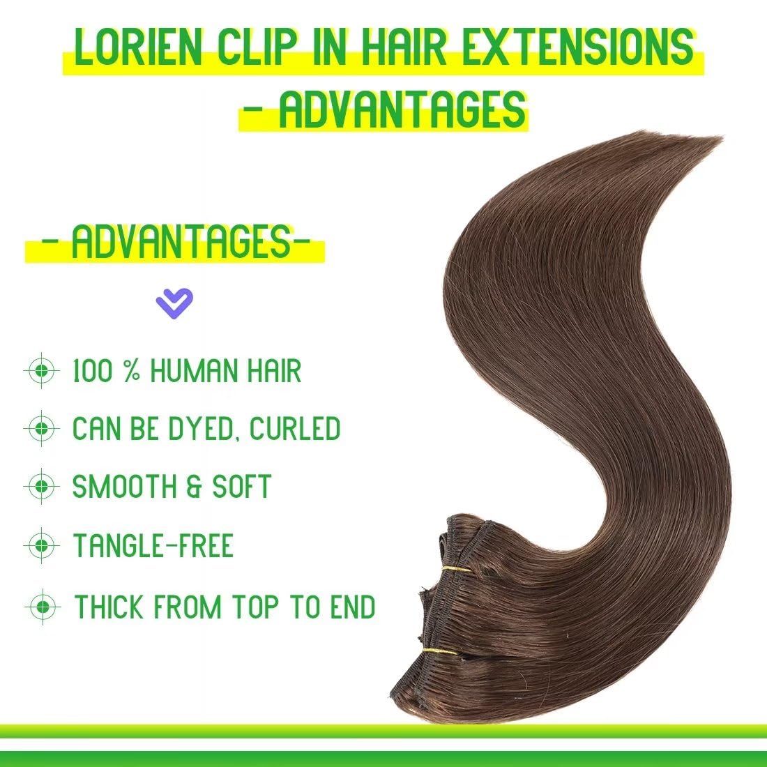 LORIEN Clip in Hair Extensions Real Human Hair, Premium Natural Brown Human Hair Clip in Extensions Double Weft, Soft Hair Extensions Real Human Hair Clip ins Straight (22 Inch 90g #4 Dark Brown)