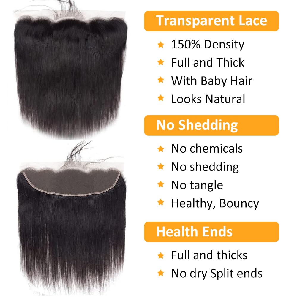 QTHAIR 14A 13x4 Transparent Lace Frontal 22 Inch Brazilian Straight Frontal Closure Human Hair 100% Unprocessed Virgin Ear to Ear Lace Frontal Human Hair Pre Plucked with Baby Hair 150% Density