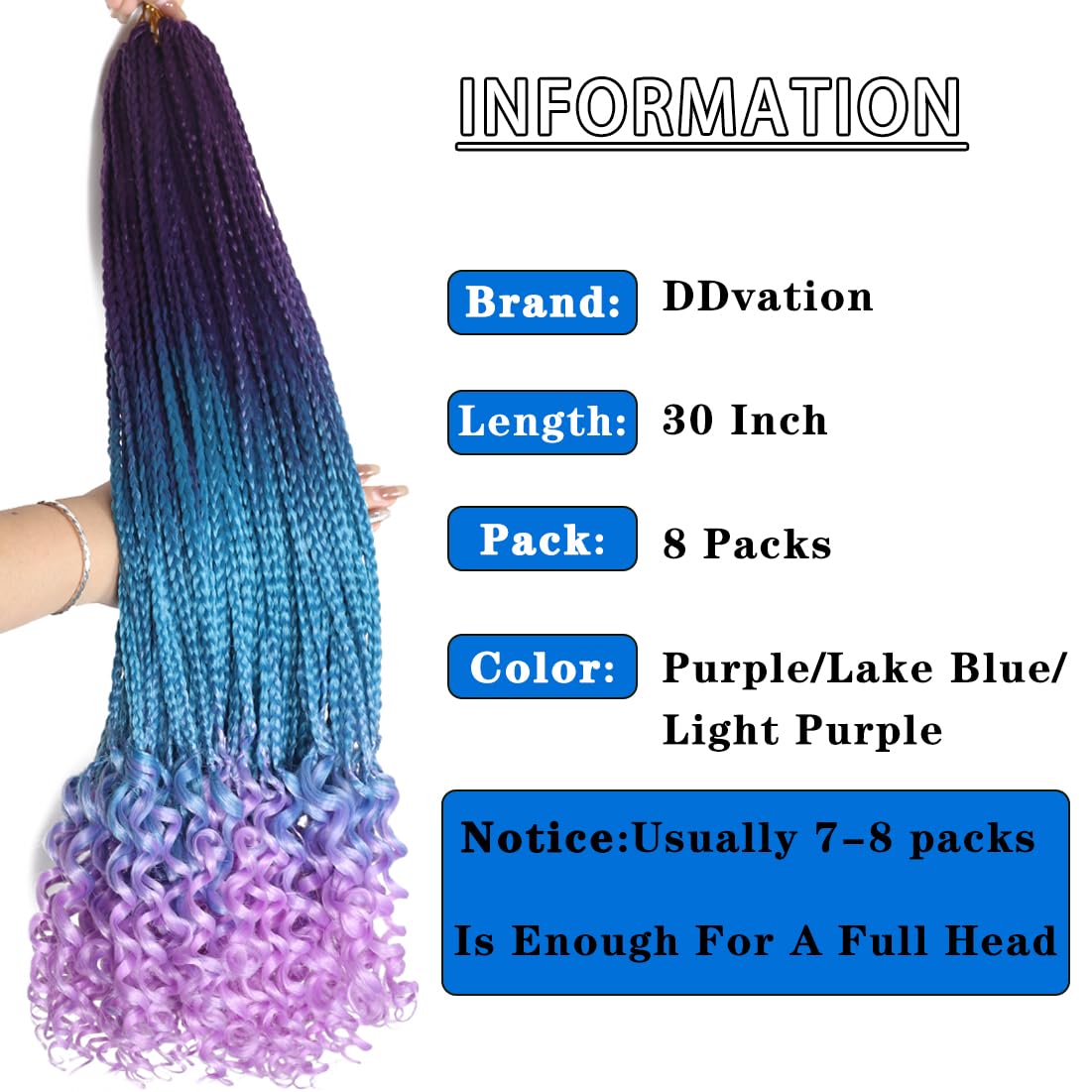 8 Packs 30 Inch Crochet Box Braids Hair with Curly Ends Pre looped Goddess Box Braids Crochet Hair Box Braids Braiding Hair Crochet Braids Hair for Women(30 inch,Purple/Lake Blue/Light Purple)