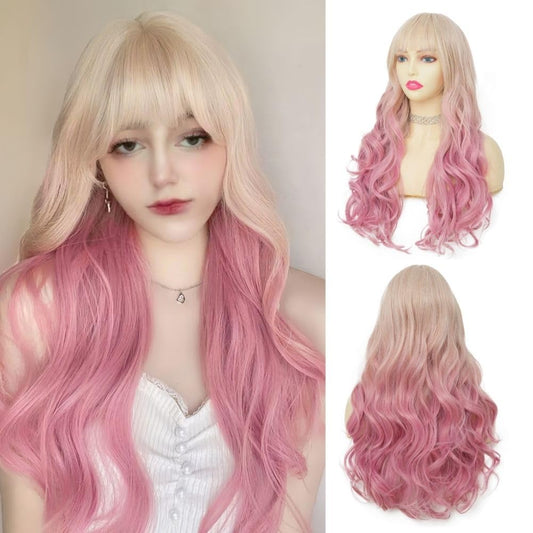 Dai Cloud Pink Long Wavy Wig for Women Curly Ombre Blonde with Bangs 24 Inch Synthetic Natural Hair Wig for Halloween Cosplay Use