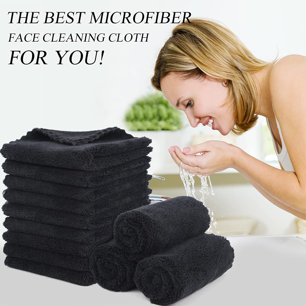 SUNLAND Microfiber Face Cloth Reusable Makeup Remover Facial Cleansing Towel Ultra Soft Face Washcloth 12inchx12inch 12 Pack Black