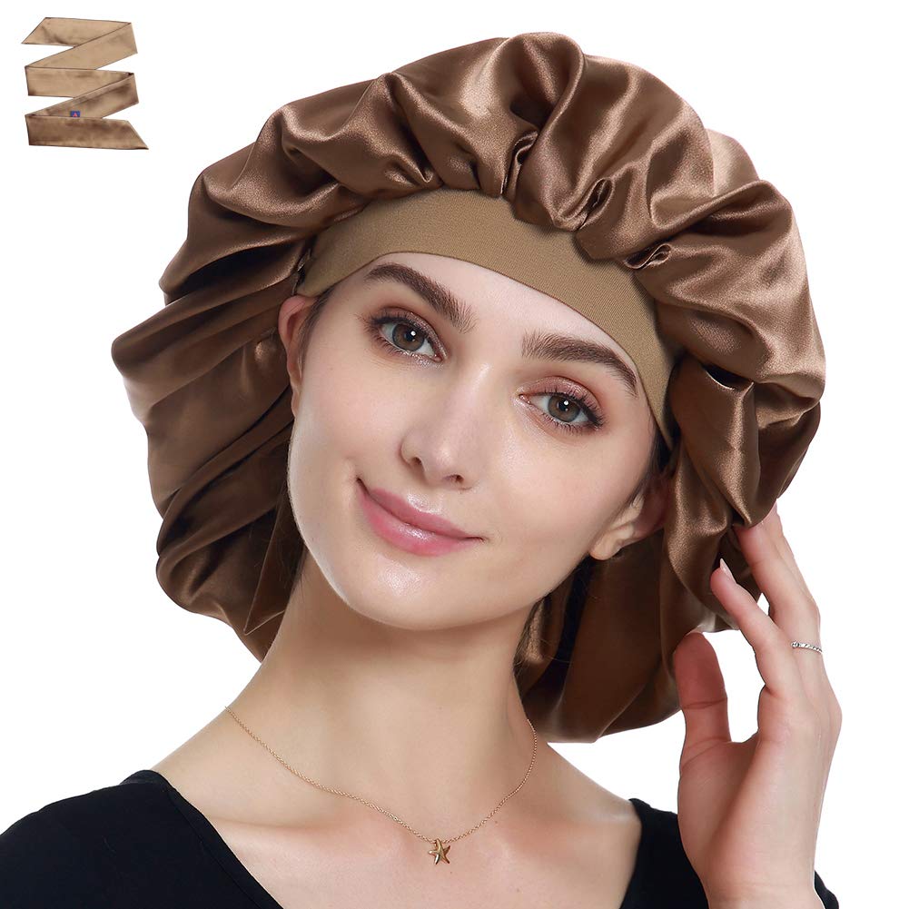 Satin Sleep Caps for Women Curly Hair Night Hat Coffee