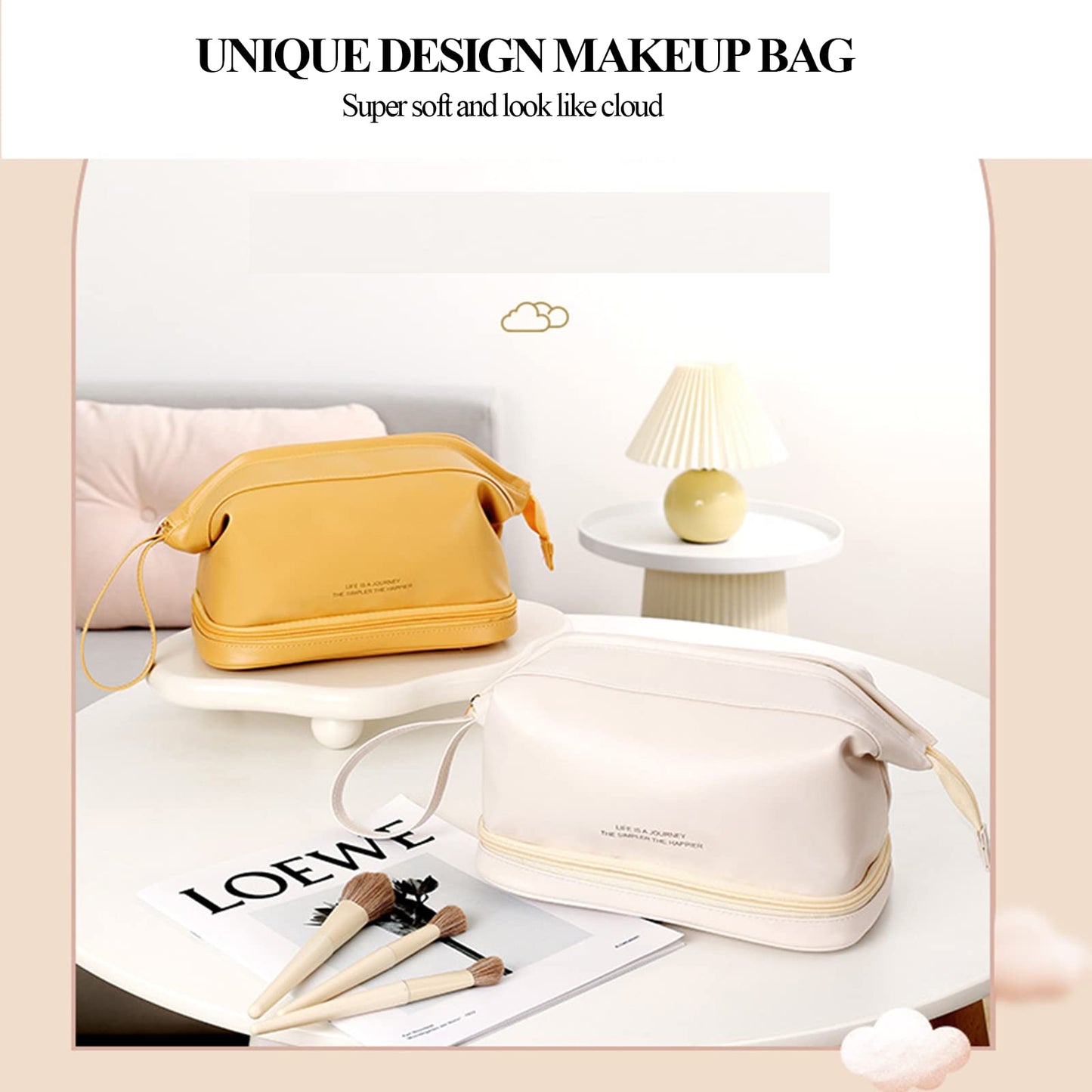 AUSEKALY Makeup Bag Travel Cosmetic Bag Double Layer Leather Toiletry Bag With Brush Bag For Women Girl High Capacity Make Up Bag Portable Waterproof Makeup Pouch Yellow