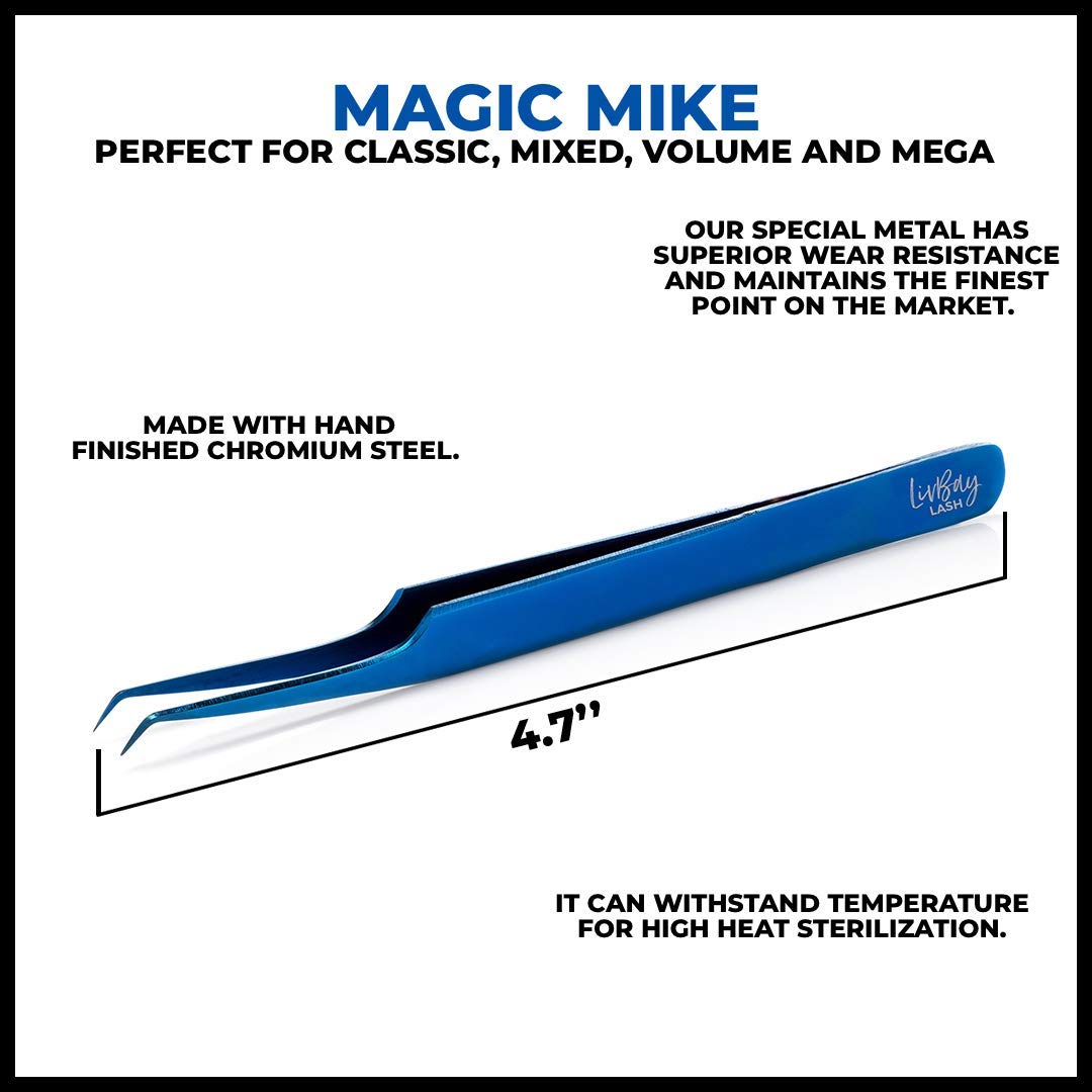 LivBay Lash - Blue Magic Mike Eyelash Stainless Steel Tweezer for Volume Lash Extensions | Curved Tip | False Lash Applicator Tool (Professional Use Only)