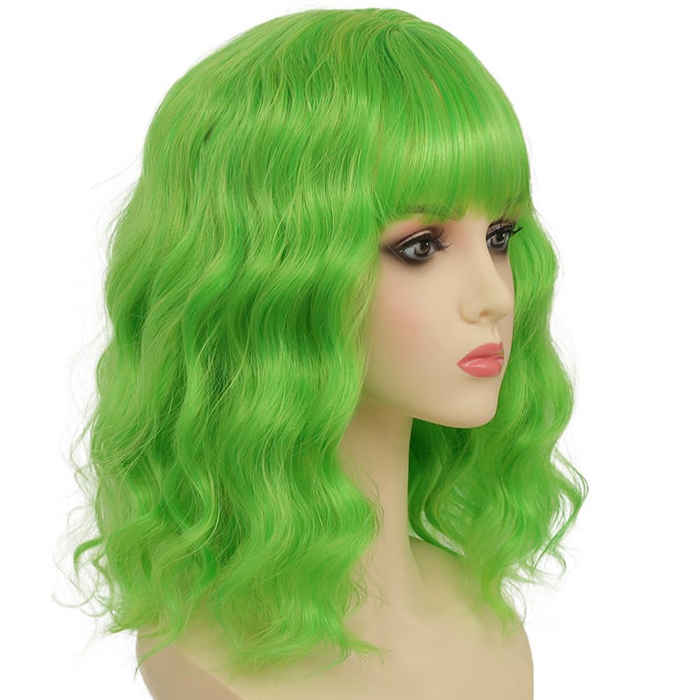 Dai Cloud Lime Green Wigs with Bangs For Women Short Bob Wavy Curly Cosplay Halloween Wigs Bob Party Wig Include Wig Cap