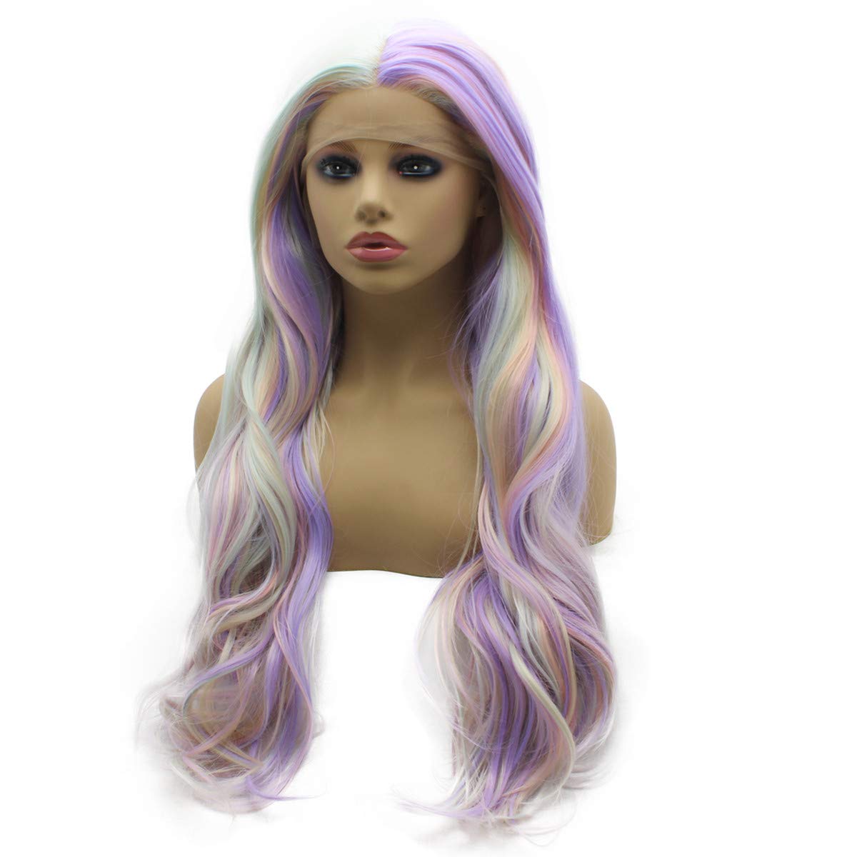 iwonawig Long Wavy Pastel Synthetic Lace Front Wig Heat Resistant Fiber Hair