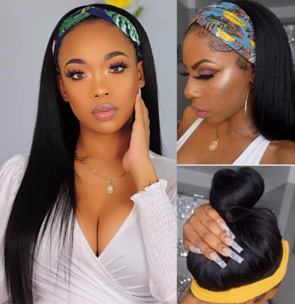 Emistar Yaki Straight Headband Wigs for Black Women Soft Synthetic Hair As Human Hair Wear And Go Glueless Half Wig Natural Black Wig with Headband Attached (22 Inch)