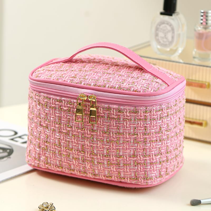 2 Pack Makeup Bag Cosmetic Bag, 1Pcs Large Capacity Makeup Bags and 1Pcs Lipsticks Storage Bag Small Makeup Pouch Travel Toiletry Bag Organizer with Handle Strap for Women (Pink Set)