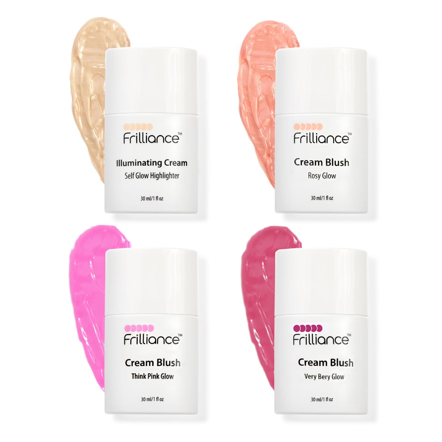 Frilliance Illuminating Cream, Hydrating Highlighter & Blush Vault Bundle, (4 Pack - Rosy Glow, Very Berry, Think Pink, Self-Glow, 30 ml / 1 fl oz each) Cruelty Free Hypoallergenic for All Skin Types