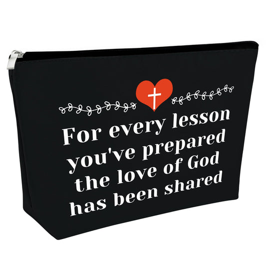 Sunday School Teacher Gift Makeup Bag Religious Gift for Women Teacher Appreciation Gift Cosmetic Bag Christian Gift for Her Funny Birthday Gift Thanksgiving Graduation Gift Travel Pouch（Black）