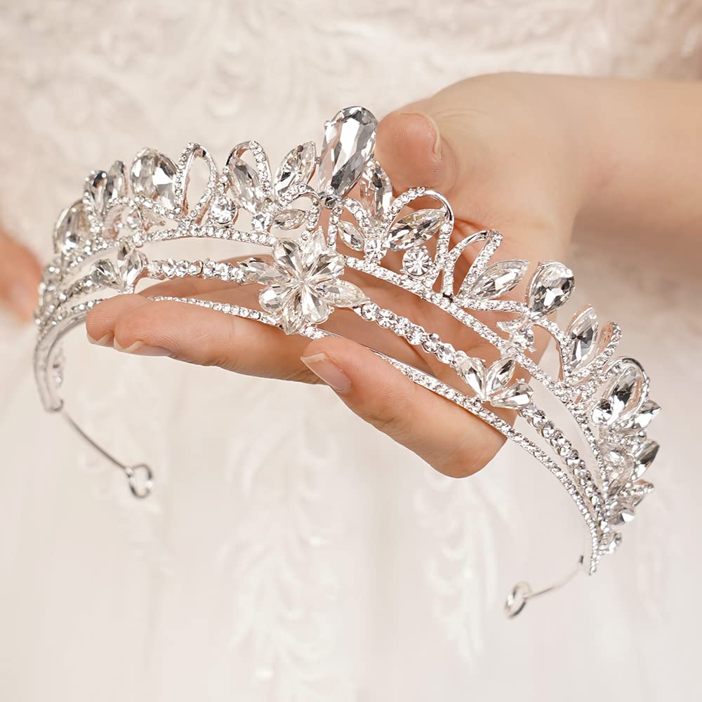 wekicici Silver Crystal Wedding Tiara Royal Queen Crown Headband Rhinestone Princess Hair Accessories for Party Prom Birthday Cosplay Halloween Costumes for Women Girls(Silver)