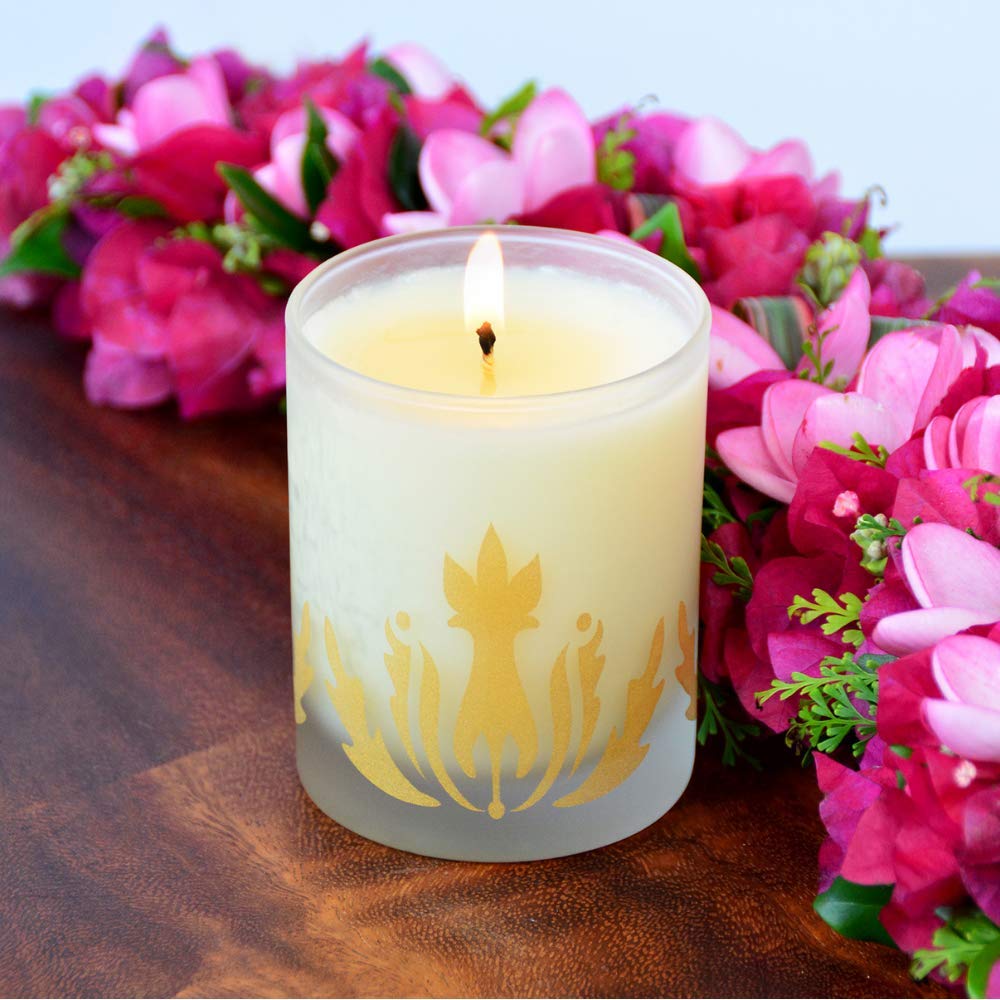 Malie's Plumeria 8 Oz Scented Soy Candle with clean-burning waxes & Hawaiian Aromatherapy, relax and immerse yourself in the serene air of the Hawaiian tropics.