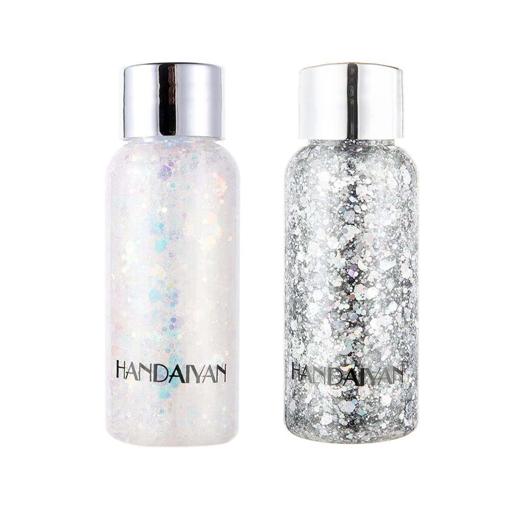 GL-Turelifes Mermaid Sequins Chunky Glitter Liquid Eyeshadow Glitter Body Gel Festival Glitter Cosmetic Face Hair Nails Makeup Long Lasting Sparkling 30g (White+Silver)