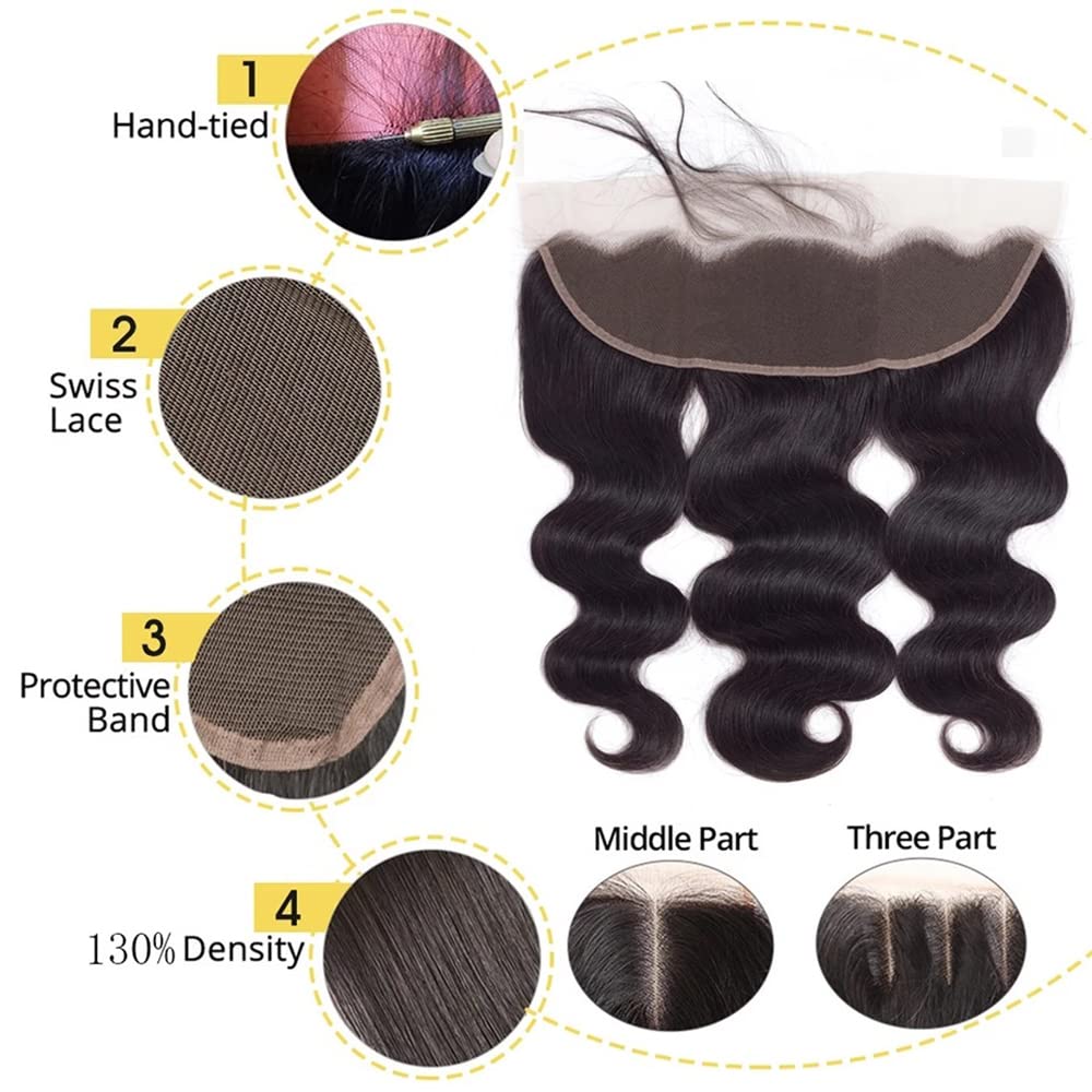 HD Lace Frontal Human Hair Ear To Ear 13x4 Transparent Lace Frontal Closures Body Wave Human Hair With Baby Hair Free Part Pre Plucked Hairline 130% Density Brazilian Human Hair