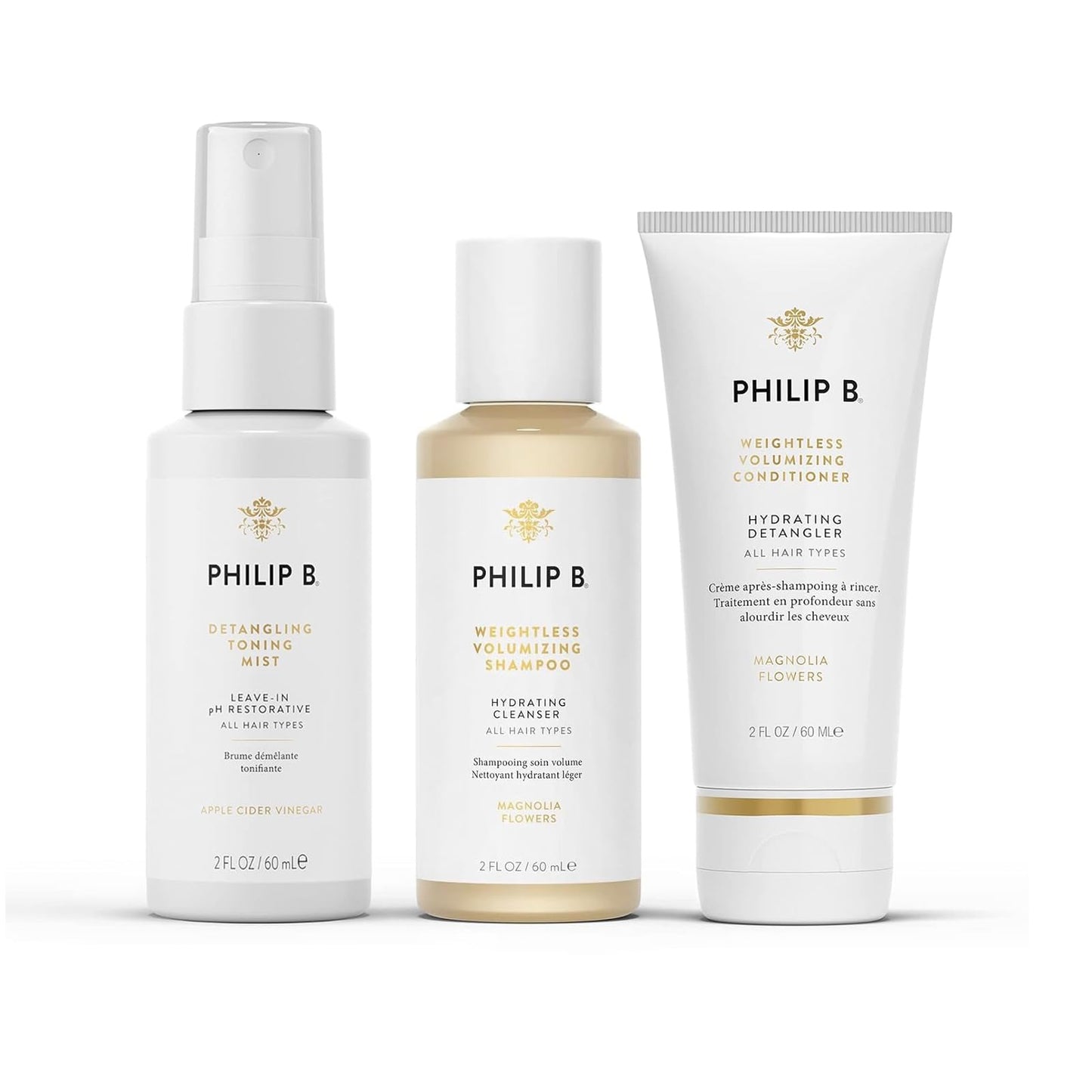 PHILIP B. Weightless Volumizing Hair Shampoo 2 oz + Weightless Volumizing Conditioner 2 oz + Detangling Toning Mist pH Restorative 2 oz, Shampoo, Conditioner & Toning Set