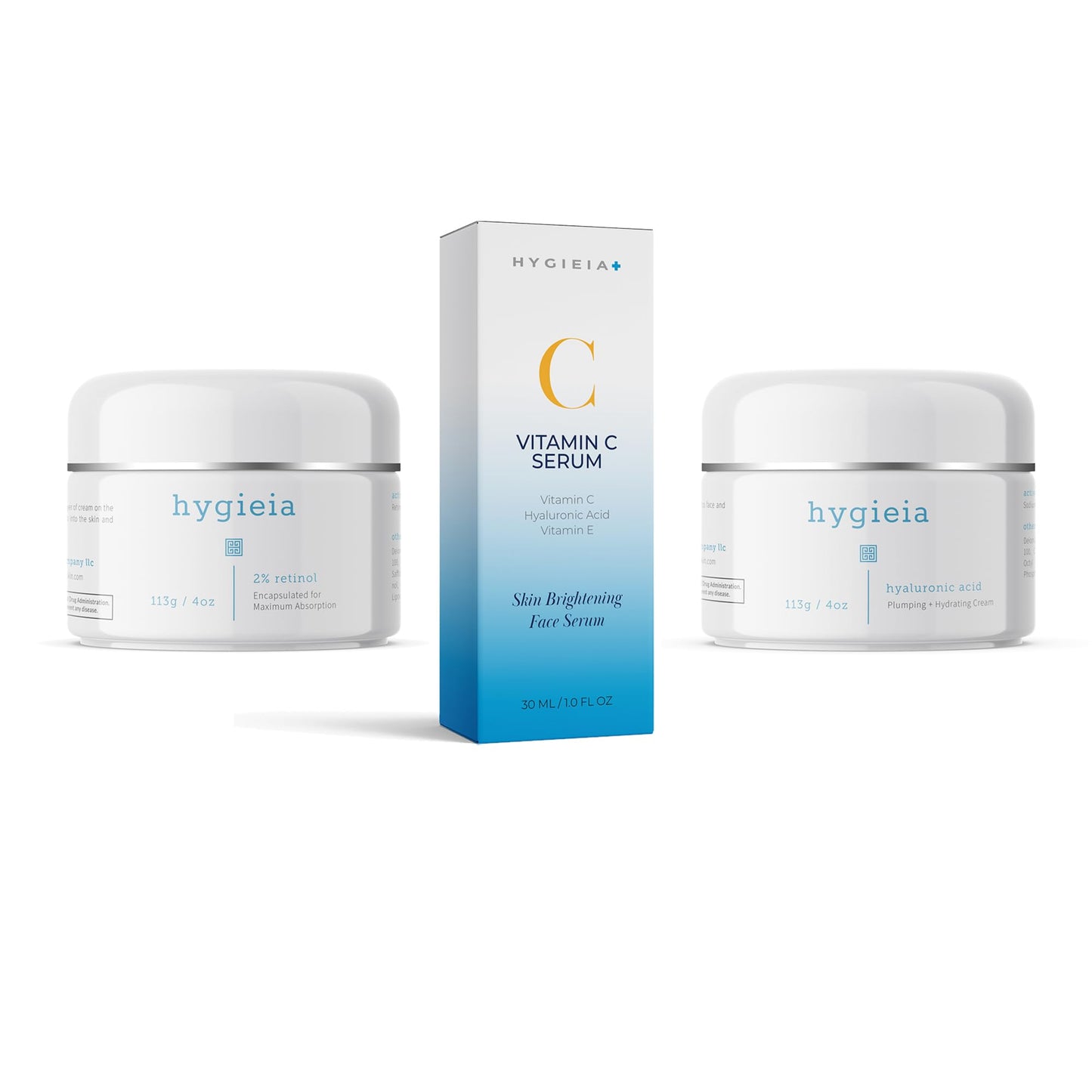 Hygieia + Youthful Skin Bundle for Wrinkle Reduction: 2% Retinol Cream (4oz), Hyaluronic Acid Cream (4oz), and Vitamin C Serum (30ml)