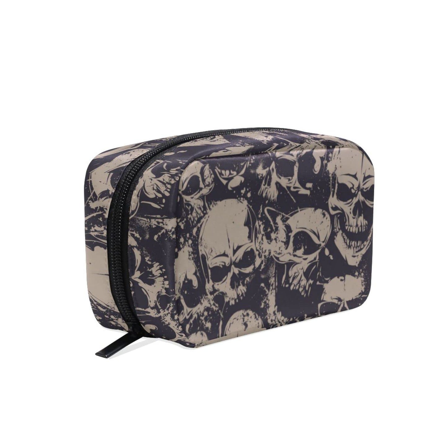 JHKKU Makeup Bag Skull Print Square Cosmetic Bag Portable Travel Toiletry Bag Black Zipper Storage Bag for Women