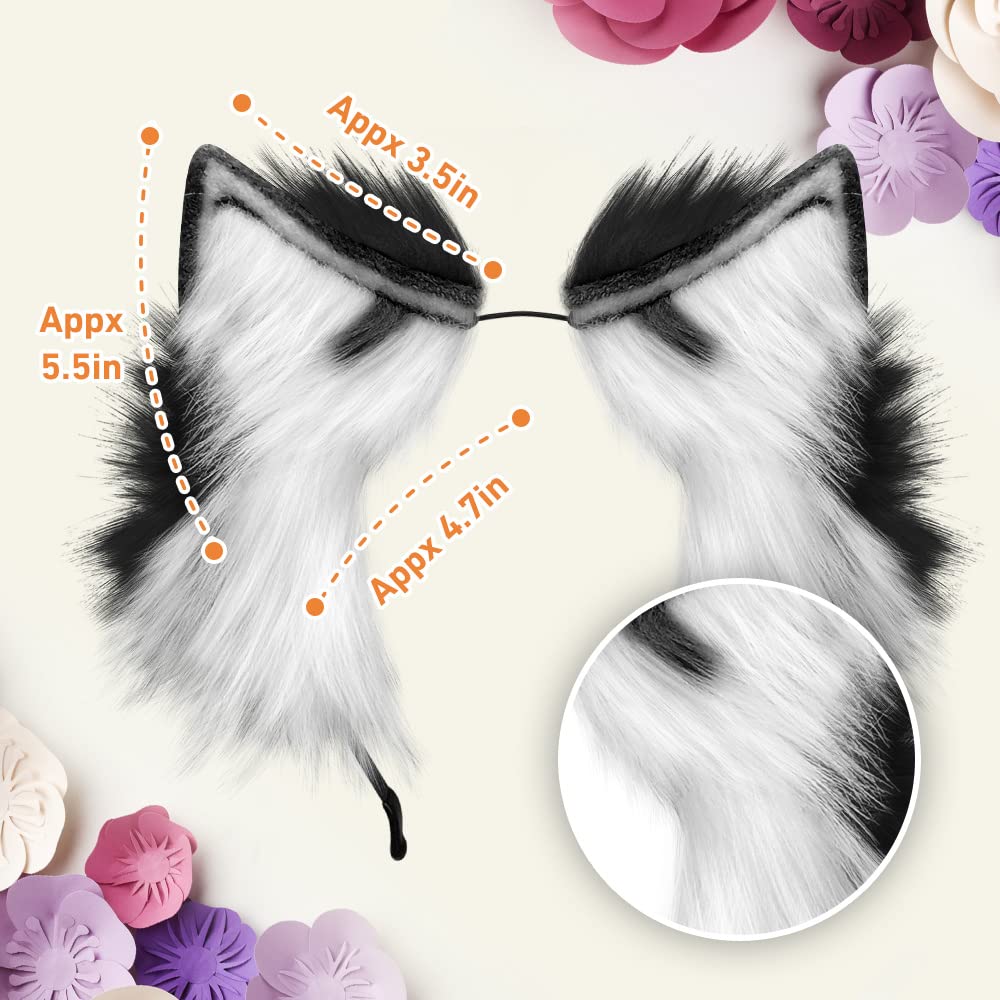 GaliaFaya Cat Wolf Fox Dog Ears Headband Handmade Long Faux fur Cosplay Halloween Costume Party (Brown and White)