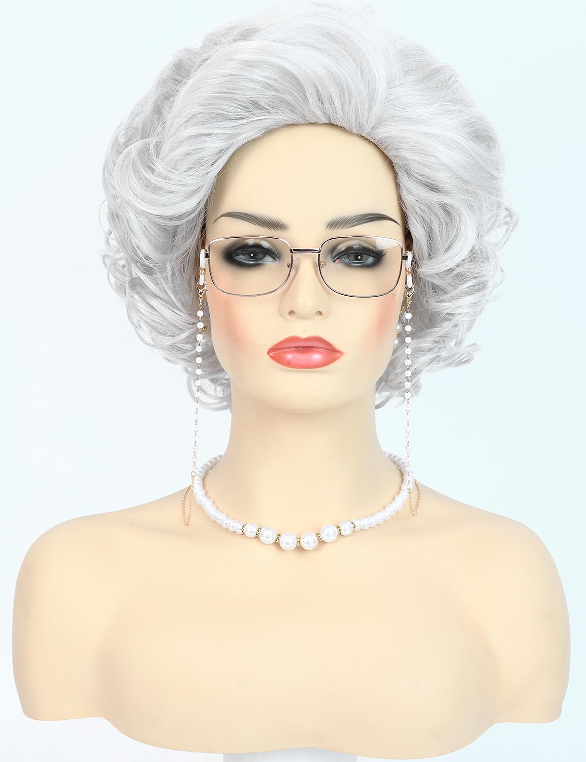 Bettecos Old Lady Wig Costume Set for Women Short Curly Grandma Wig and Glasses Silver White Granny Wigs for Old Woman Cosplay Halloween Party (Silver White/Old Lady)