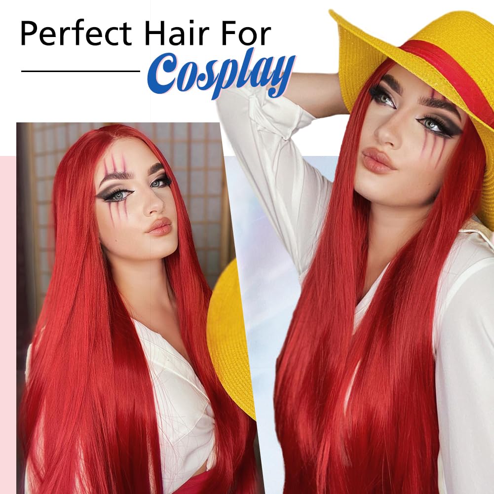 WIGER Red Wigs For Women Long Straight Red Hair Wig Middle Part Synthetic Colored Mermaid Cosplay Wig No Lace Nature Looking Girls Red Costume Full Wigs