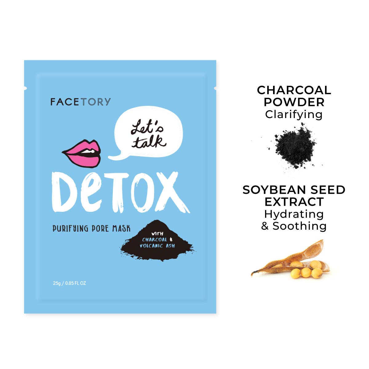 FACETORY Let's Talk, Detox Purifying Sheet Mask with Charcoal and Volcanic Ash - For All Skin Types - Detoxifying, Soothing, and Purifying (Pack of 10)