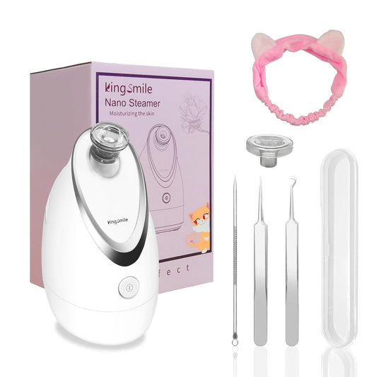 Kingsmile Facial Steamer, 2 in 1 Face Steamer for Facial,Compact Nano Steamer with Aromatherapy,Face Humidifier - Adjustable Nozzle, Warm Steam for Home SPA & Sinuses, Stainless Steel Kit & Hairlace