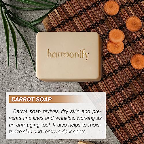 HARMONIFY All Natural 3 Set of Soap Bars, (Avocado, Carrot, Shea Butter) with Wooden Soap Dish, Assortment of Hand-Made Soaps, Skin Revitalizing and Moisturizing, Healthy, Made in Europe