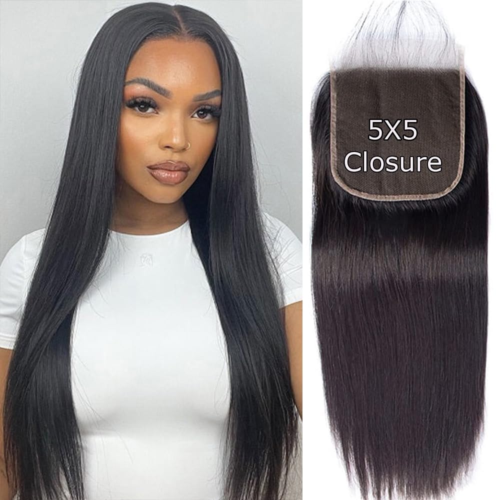 5x5 Transparent HD lace closure human hair Straight Invisible Lace 150% Density 12A Real Transparent Lace Closure Virgin Human Hair Frontal Closure Pre Plucked With Baby Hair Natural Black 22Inch