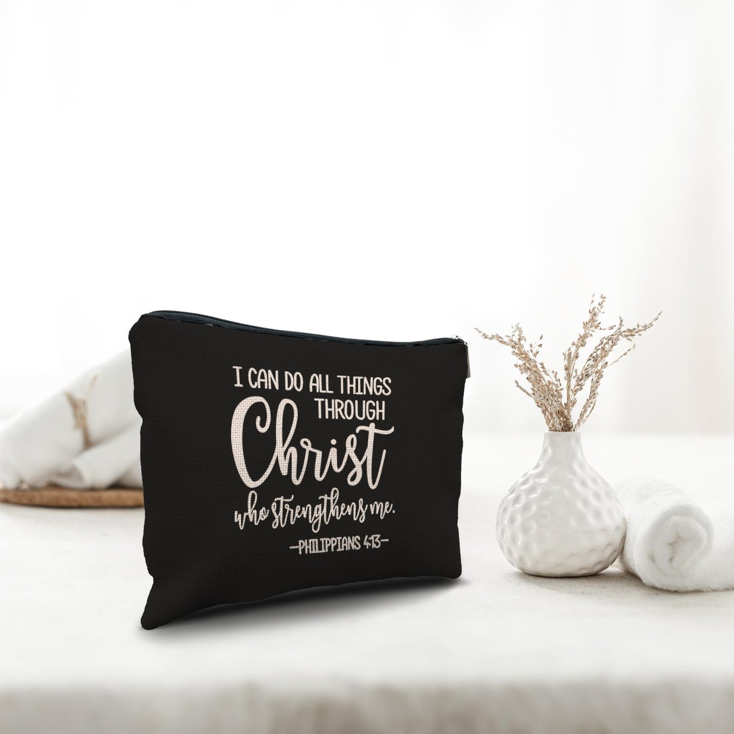 Nogrit I Can Do All Things Through Christ,Christian Black Makeup Bag,Christian Gifts for Women,Inspirational Gifts for Women,Bible Verse Scripture Philippians 4:13 Small Cosmetic Makeup Bag for Purse