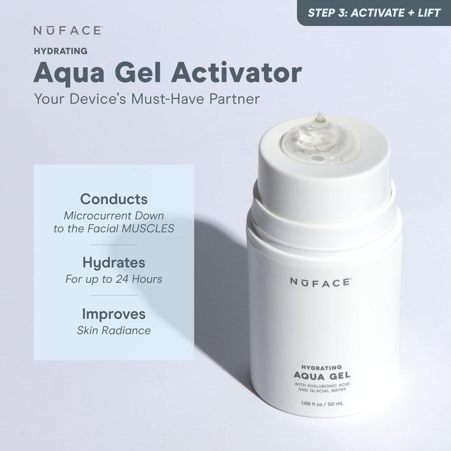 NuFACE Aqua Gel Activator - Microcurrent Conductive Gel & Activator Powered by IonPlex & Hyaluronic Acid to Enhance Results of NuFACE Facial Device - Improves Skin Radiance - 2 Pack (3.3 oz & 1.69 oz)