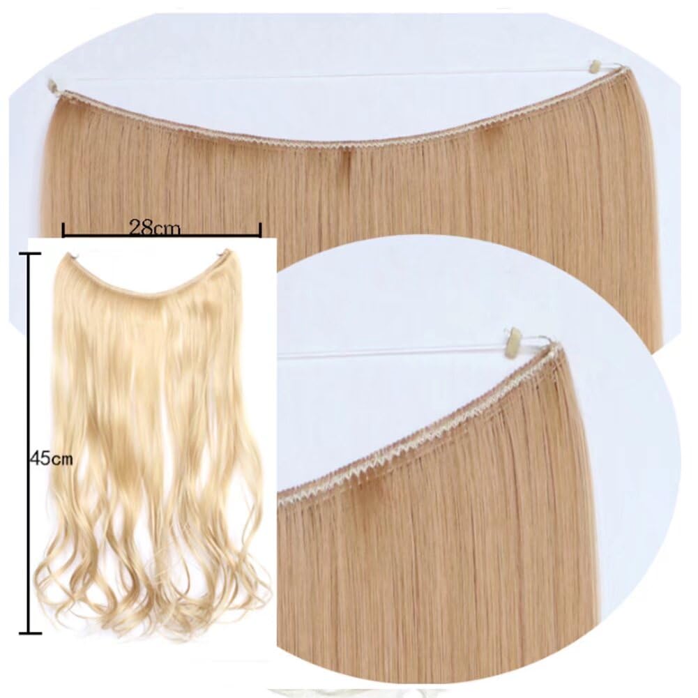 iLUU #27A Strawberry Blonde and #613 Bleach Blonde Hidden Fish Line Hair Extensions 18" 80g Heat Temperature Resistent Synthetic Hairpieces Invisible Wire Curly Hair Extensions for Women