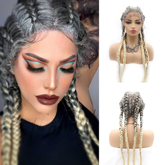 variouswig 4 Braided Wigs Realistic Hand Braided hair Lace Front Wigs Ombre gray/Grey Mix Blonde 613 Synthetic Braided Wig with Baby Hair Real Lace Wig 30 Inch