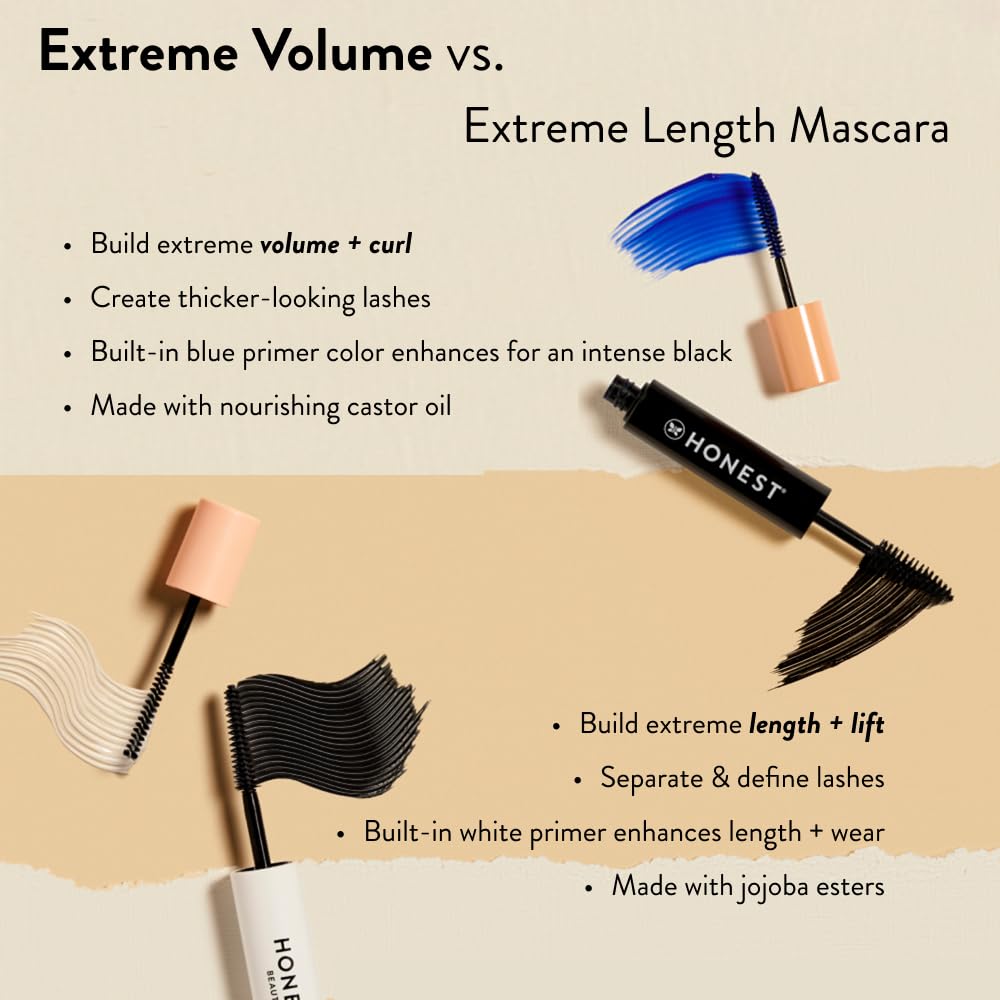 Honest Beauty 2-in-1 Extreme Volume Clean Mascara + Bold Lash Primer with Castor Oil | Maximum Volume + Curl | Vegan + Cruelty Free | Black, .27 fl oz