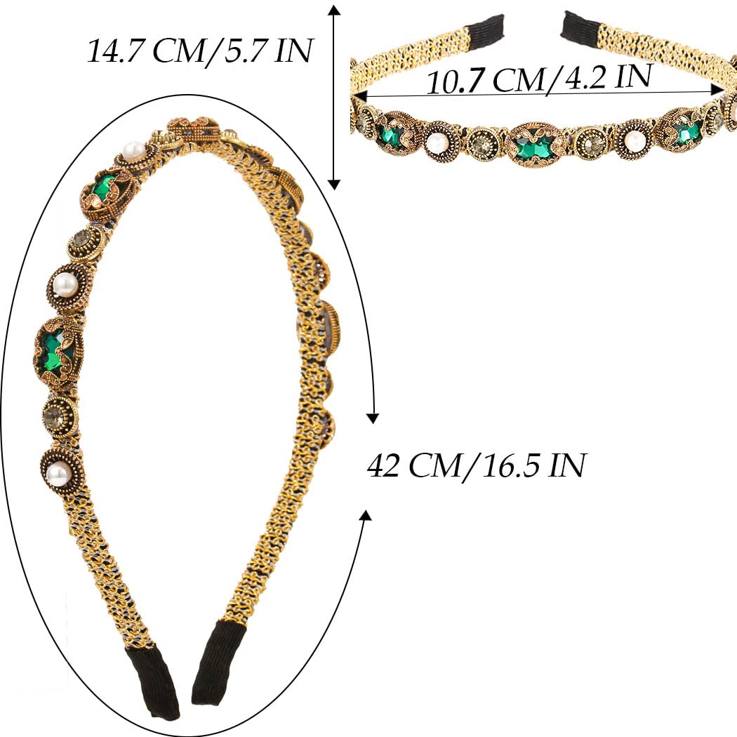 Coridy Gold Baroque Headbands Thin Rhinestones Hairbands Emeralds Hair Hoop Beaded Hair Ties Bejewelled Embellished Head bands (Fashion)