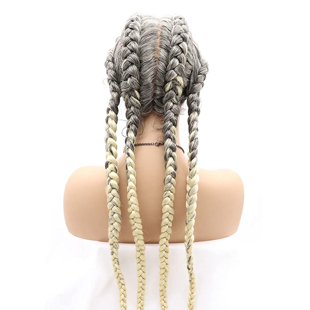 variouswig 4 Braided Wigs Realistic Hand Braided hair Lace Front Wigs Ombre gray/Grey Mix Blonde 613 Synthetic Braided Wig with Baby Hair Real Lace Wig 30 Inch