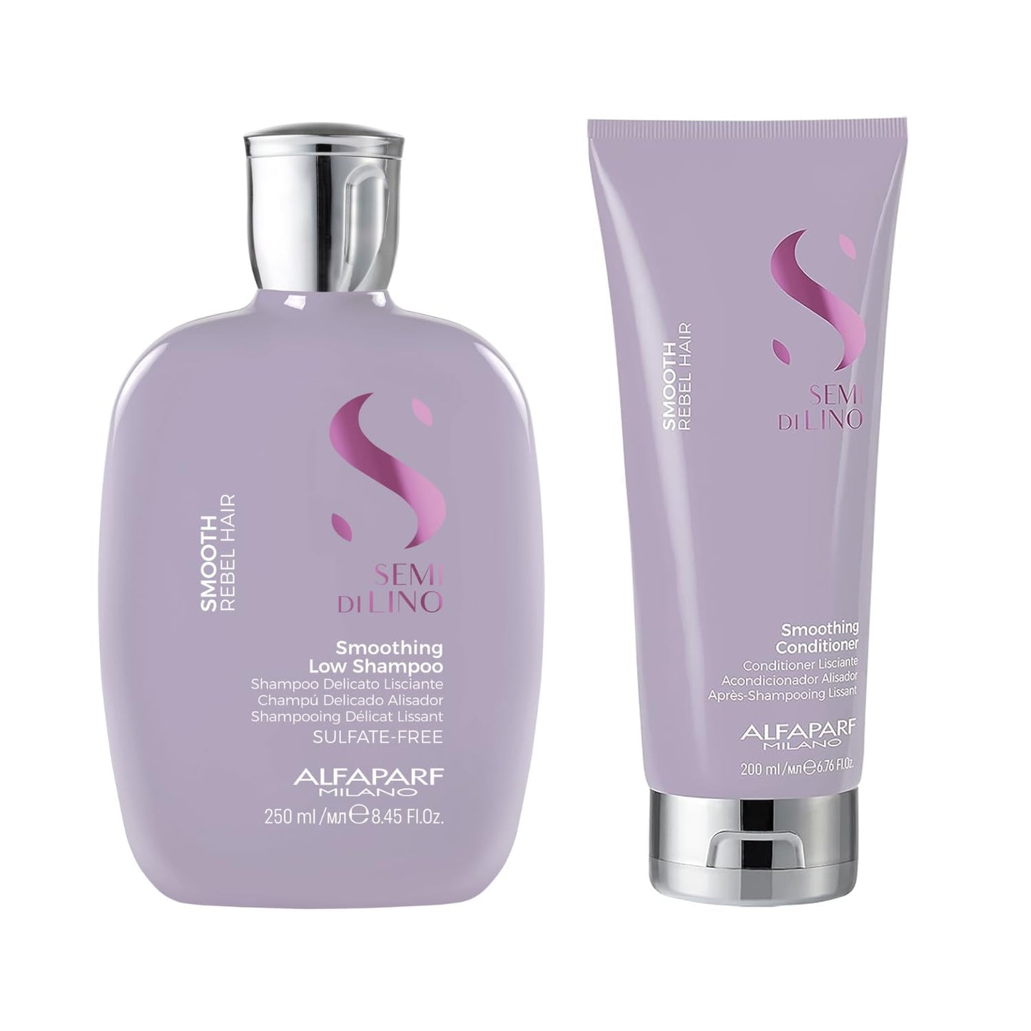 ALFAPARF MILANO Semi Di Lino Smooth Low Shampoo (8.45 oz) and Conditioner (6.76 oz) - for Frizzy and Rebel Hair - Sulfate Free - Straightens and Detangles - Controls Frizz - Hydrates and Smoothes