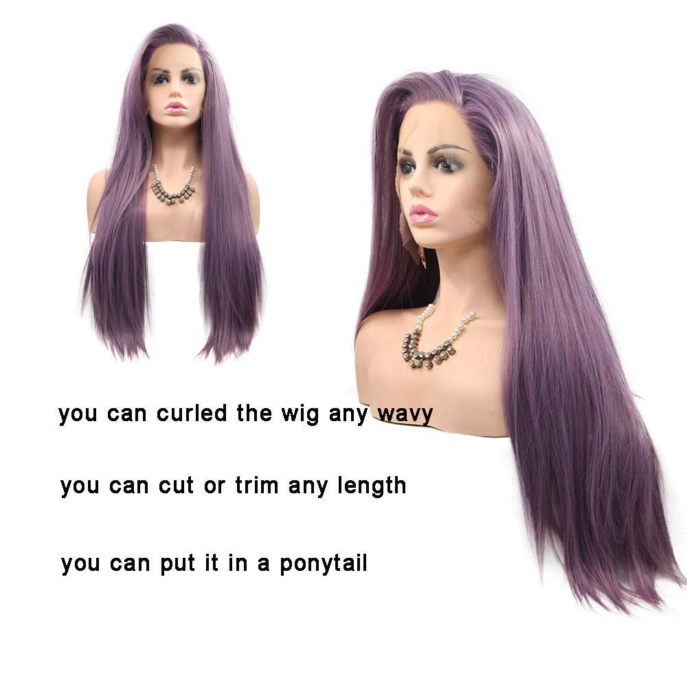 Purple Wigs Long Straight Synthetic Lace Front Wigs for Women Handmade Realistic Looking Wig Ash Lavender Side Part Glueless Wig Heat Friendly Hair Replacement Wigs Cosplay Costume Daily Wigs 24 Inch