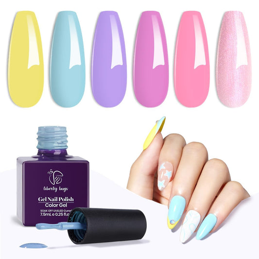 LIBERTY BUGS Pastel Gel Polish Set 6pcs,Summer Gel Nail Polish Colors,Baby Blue Nail Polish Gel Colors Light Pink Yellow Nail Gel Polish,LED Nail Lamp Cured,7.5ml Home Salon Manicure,Soak off Removal