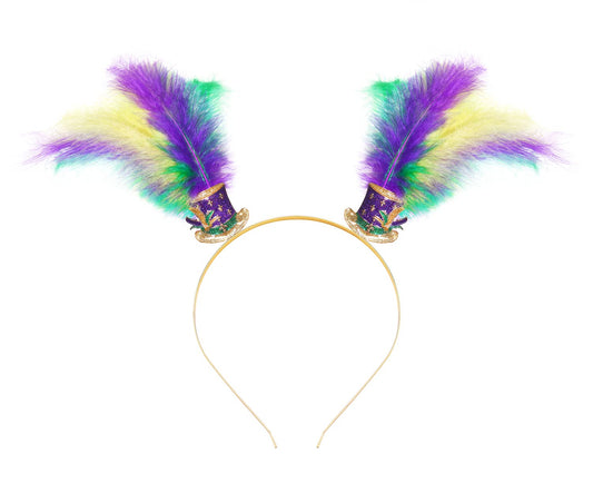 HEIDKRUEGER Mardi Gras Headband Purple Green Gold Feather Headband Glitter Hat Carnival Parade Hair Hoop Accessories