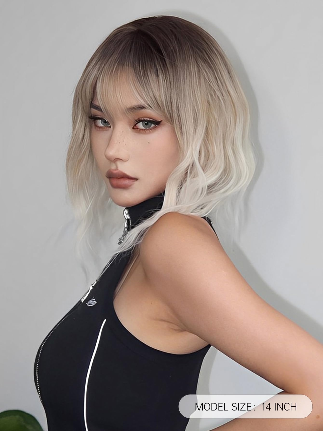 Allbell Short Ombre Blonde Wigs Wavy Bob Wig with Bangs Women Synthetic Curly Pastel Bob Wig for Girl Colorful Cosplay Wigs(Brown-Blonde-White)