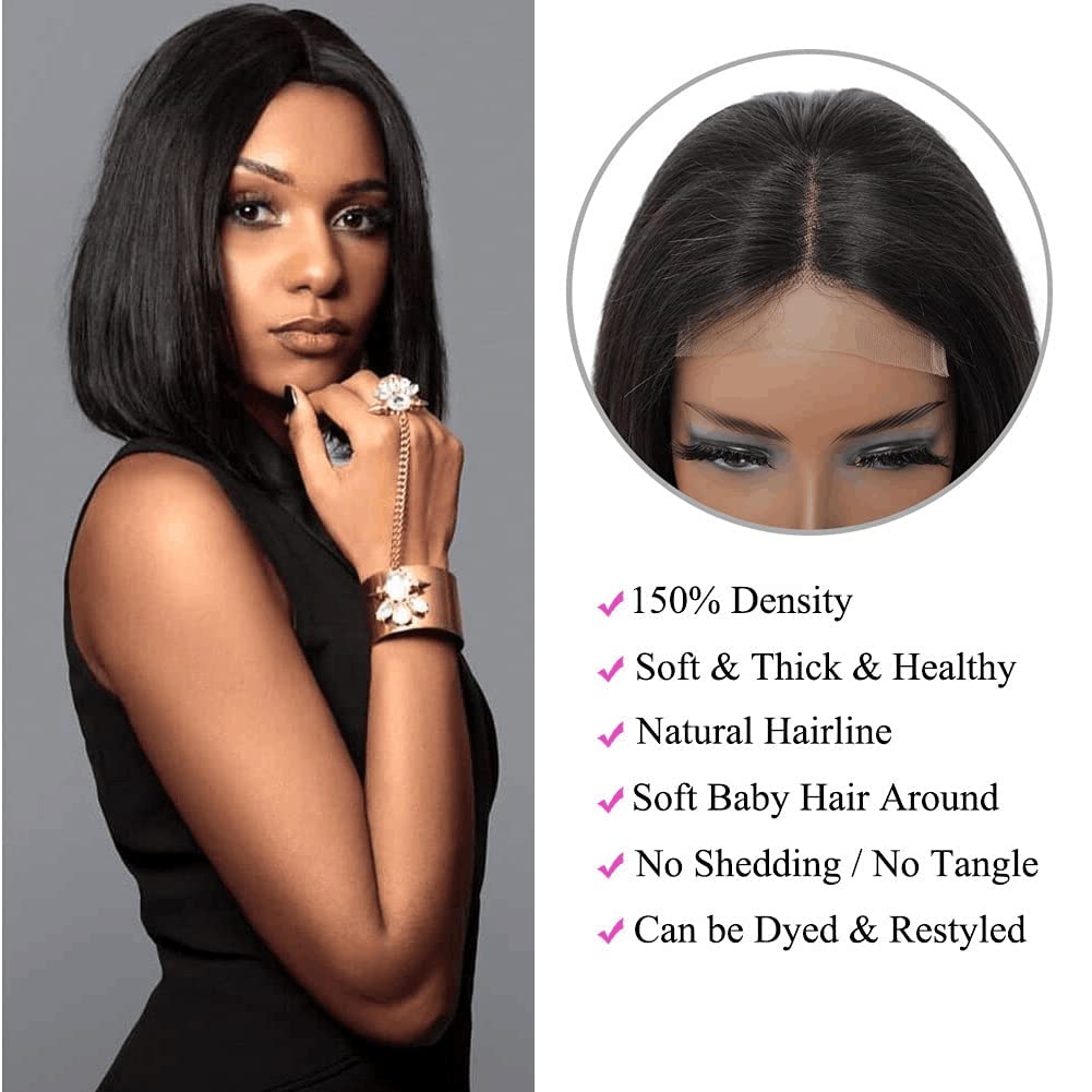 Bob Wig Human Hair 4x4 Closure Straight Short Bob Wig Brazilian Remy Hair for Black Women 150% Density Lace Front Wigs Natural Black