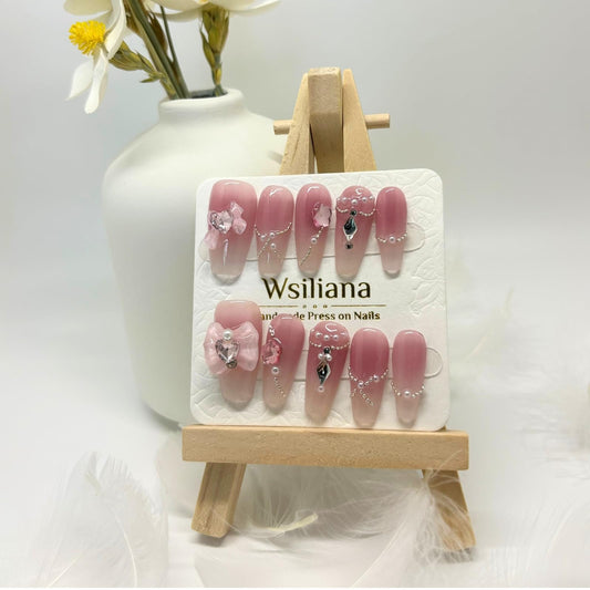 Wsiliana Nails Handmade Press on Nail Solid Almond Fake Nail Tips Charm 3D Pink Bow Design Glue on Nail Art 10 Pcs with Storage Box(025 S)