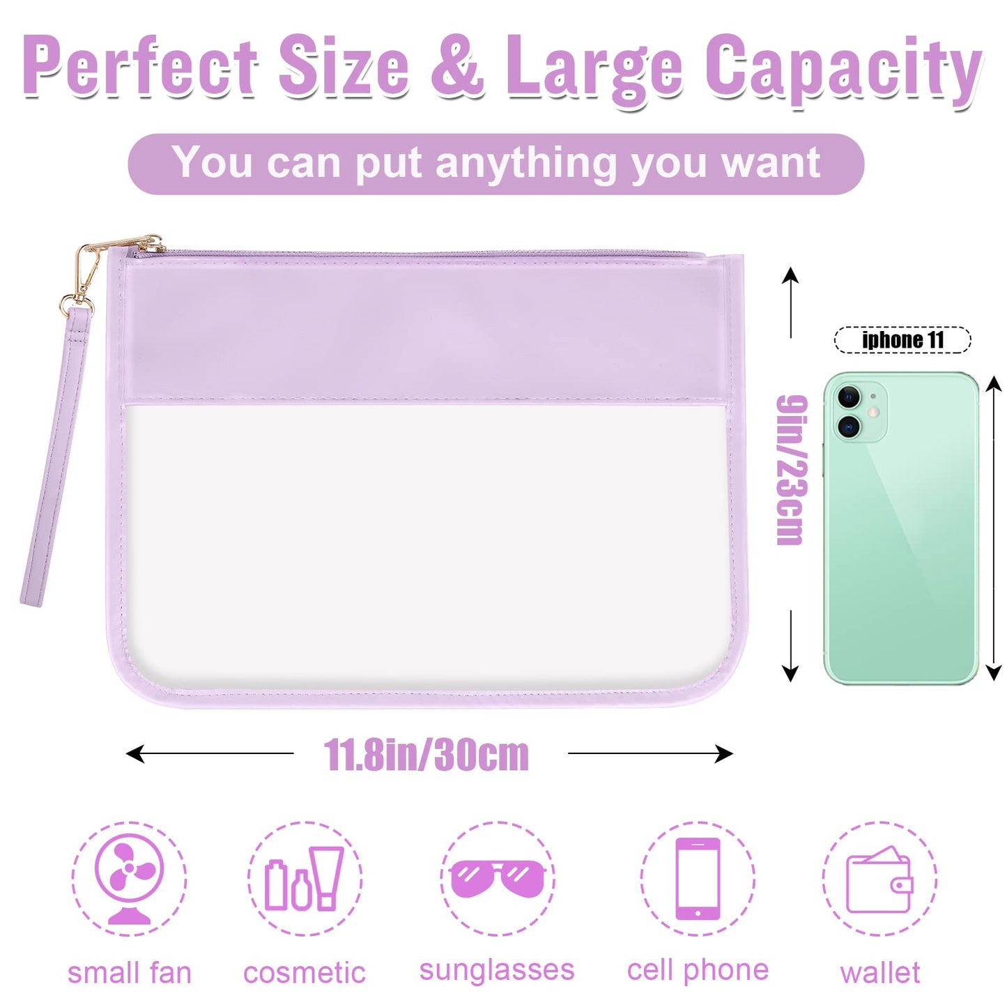 izuzta Clear PVC Flat Pouch, PU Travel Makeup Bag Clear Zipper Pouch with Wristlet, DIY Chenille Letter Bag Waterproof Portable Clear Travel Toiletry Bag Cosmetic Pouch for Women Girls (Purple)