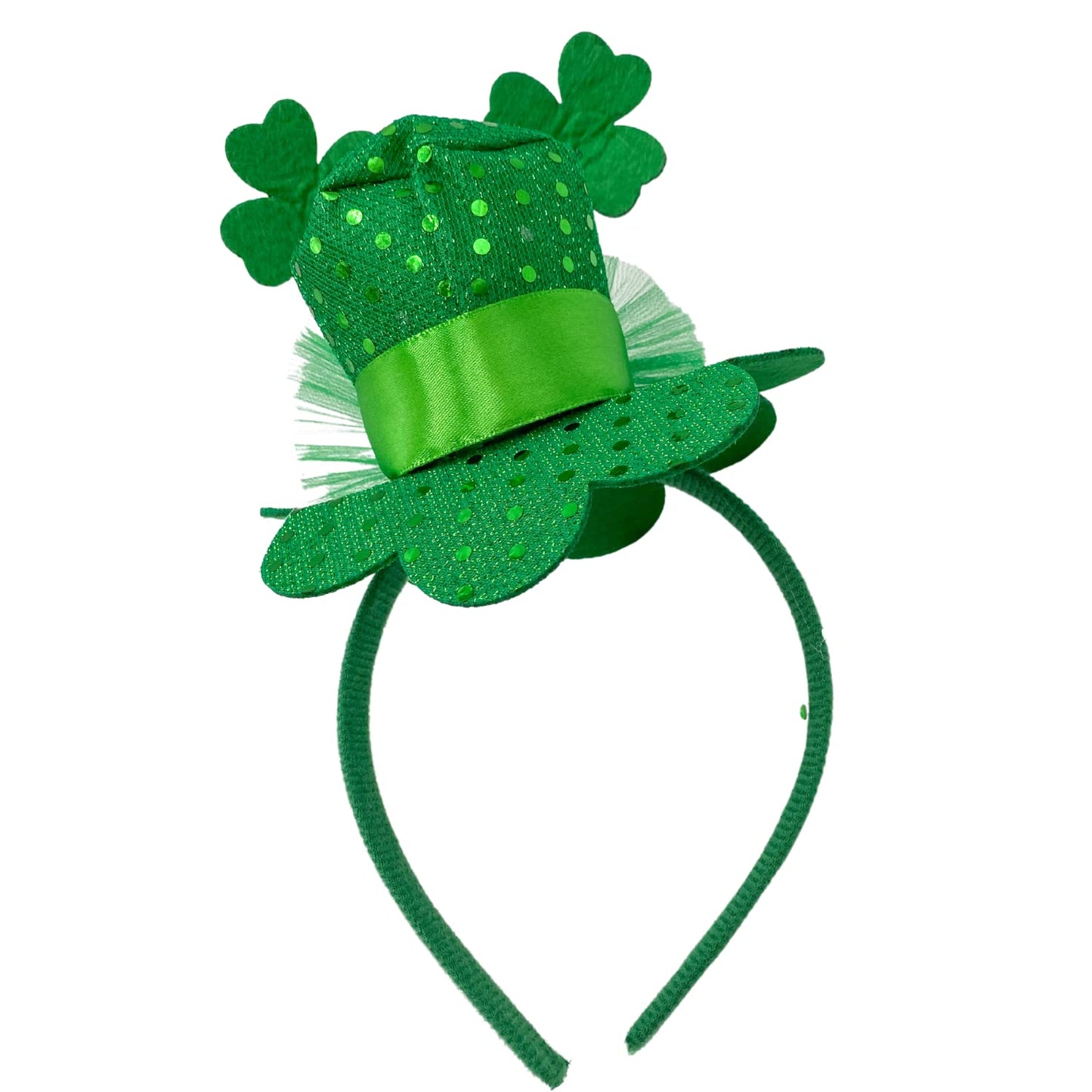 Needzo Little Top Hat St. Patrick's Day Sequin Headband, Green Hair Accessory With Clovers and Tulle for Holidays and Themed Parties, One Size Fits Most (Top Hat with Clovers and Tulle)