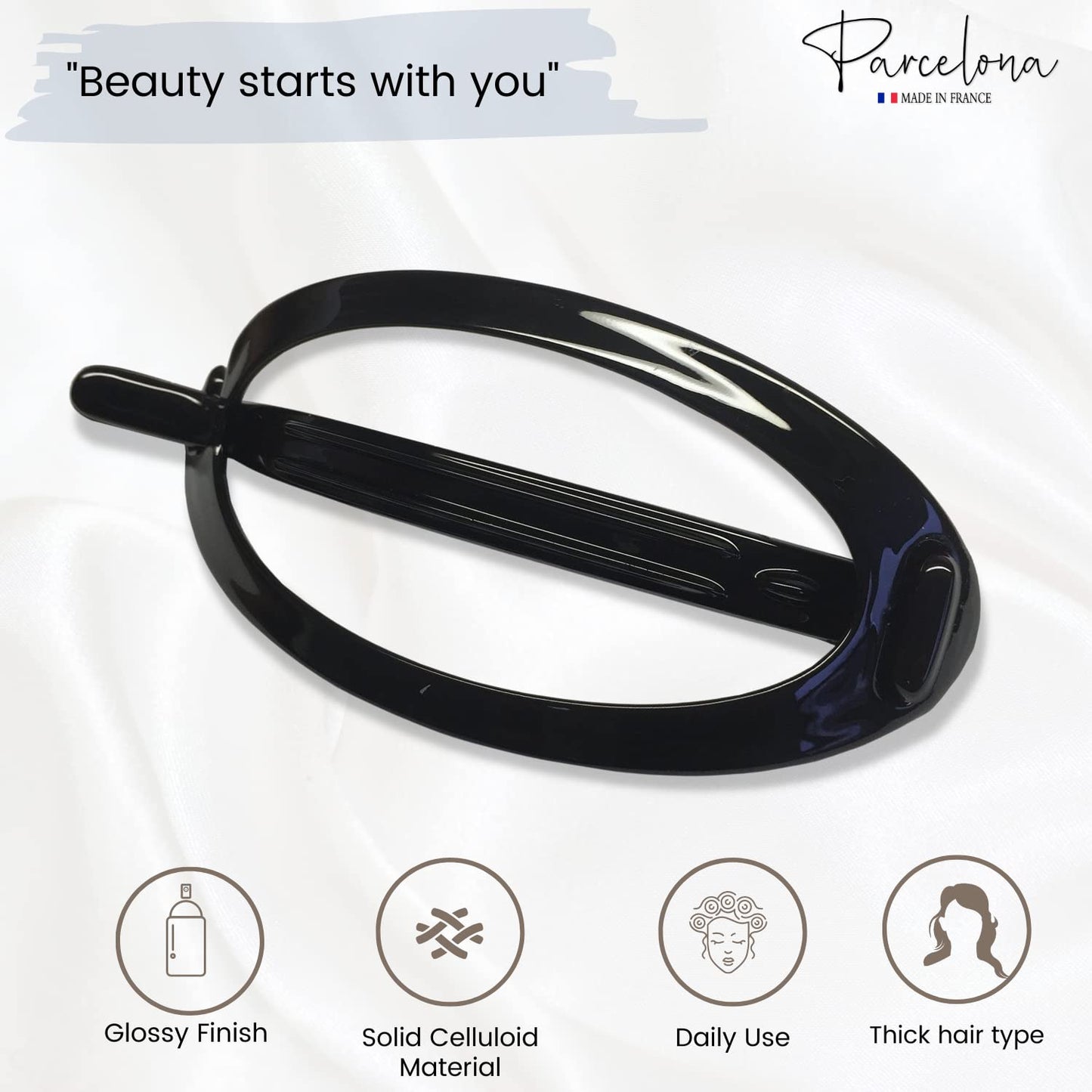 Parcelona French Plain Oval Simple Large Ponytail Holder Non Metal Hair Clip Barrette (Glossy Black)