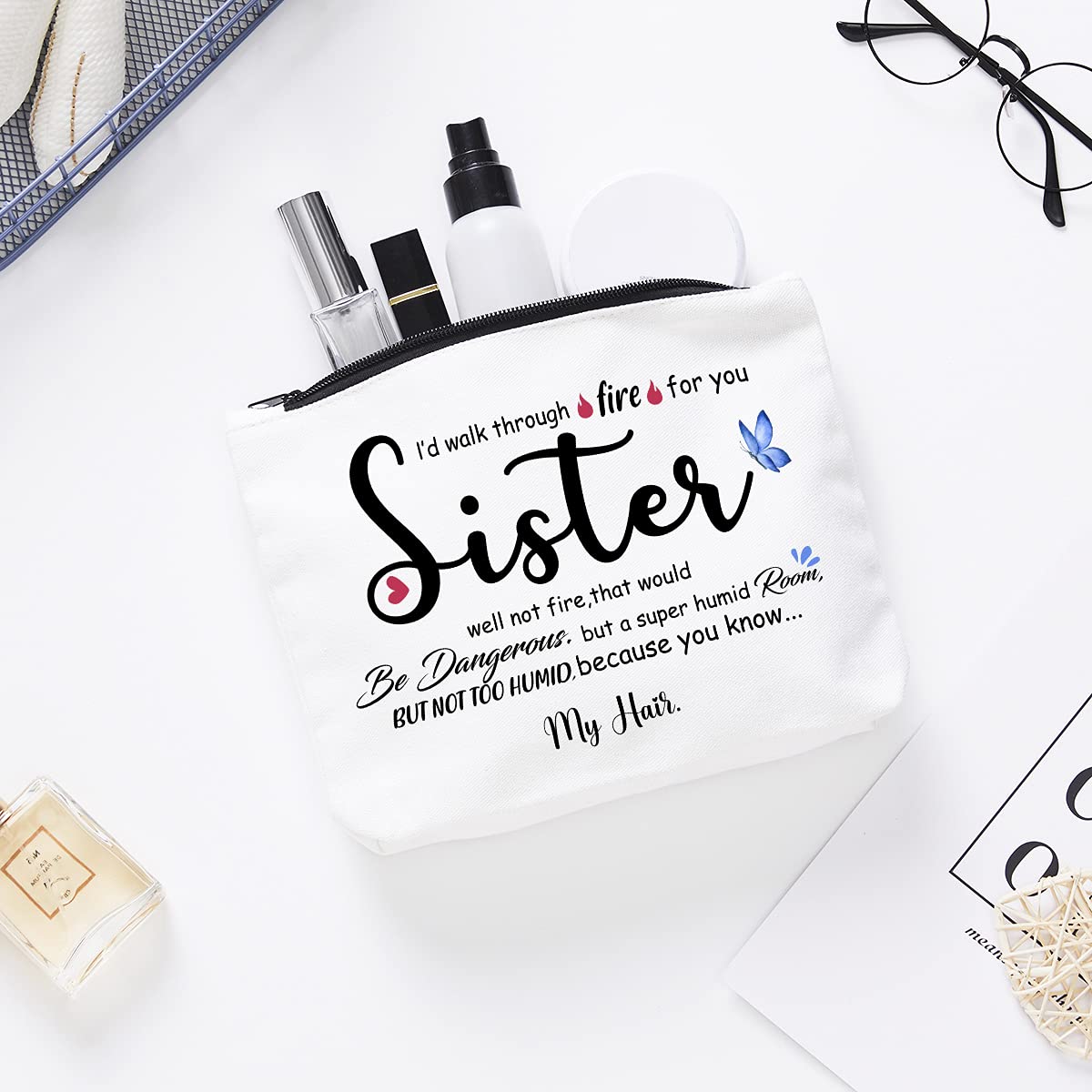 Fokongna Funny Sister Gifts from Sisters, Brother, Sister Birthday Gifts, Gift for Sister Soul Sister Gifts Big Little Girl Makeup Bag-Fire for You Sister