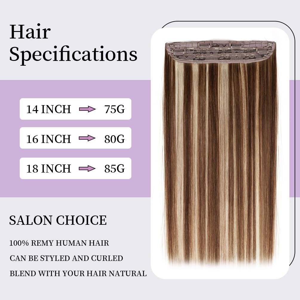 Invisible Wire Hair Extensions Real Human Hair, 16 Inch 80G Brown mixed Blonde Remy Human Hair Extensions with 4 Clips, Long Straight Thick Layered Transparent Hairpiece for Women