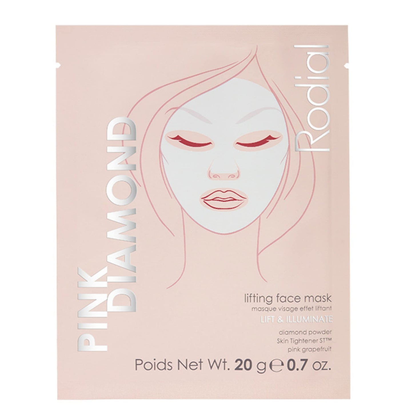 Rodial Pink Diamond Lifting Face Sheet Mask (4 Sachets), Diamond Powder, Vitamine C, Skin Tightener ST, Deeply Moisturising Sheet Mask, Even Skin Tone, Sheet Mask for Wrinkles and Lines